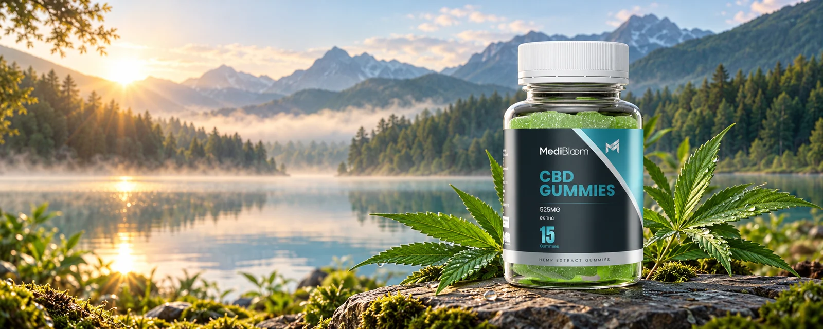 MediBloom bottle in an illustrative lakeside mountain landscape